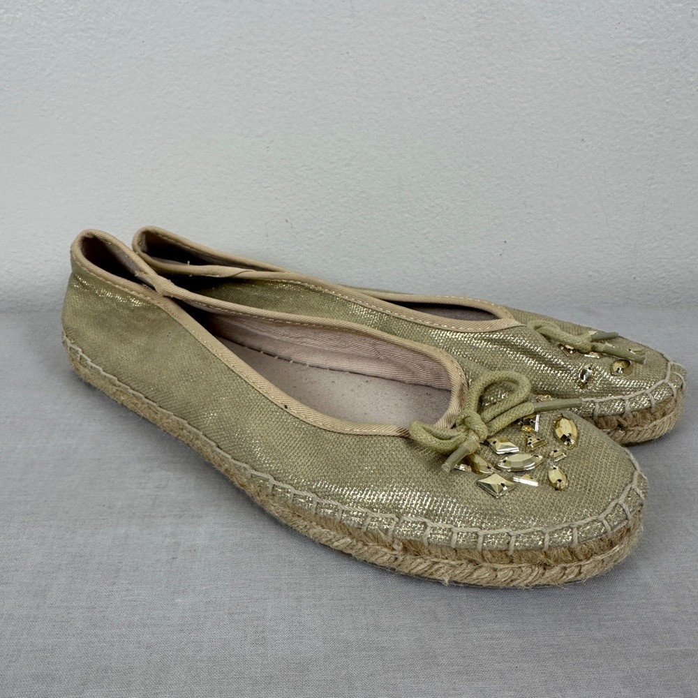 Style & Co Women's 8M Valor Espadrille Flats Gold Metallic Rhinestone Bow